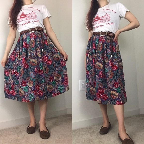 Vintage Dresses & Skirts - Vintage Jewel Tone Mosaic Floral Rayon Midi Skirt